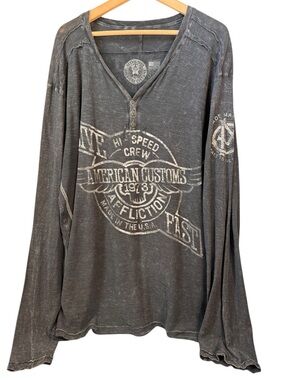 Affliction American Customs Long Sleeve Henley Shirt Size 3XL V-Neck Graphic Tee